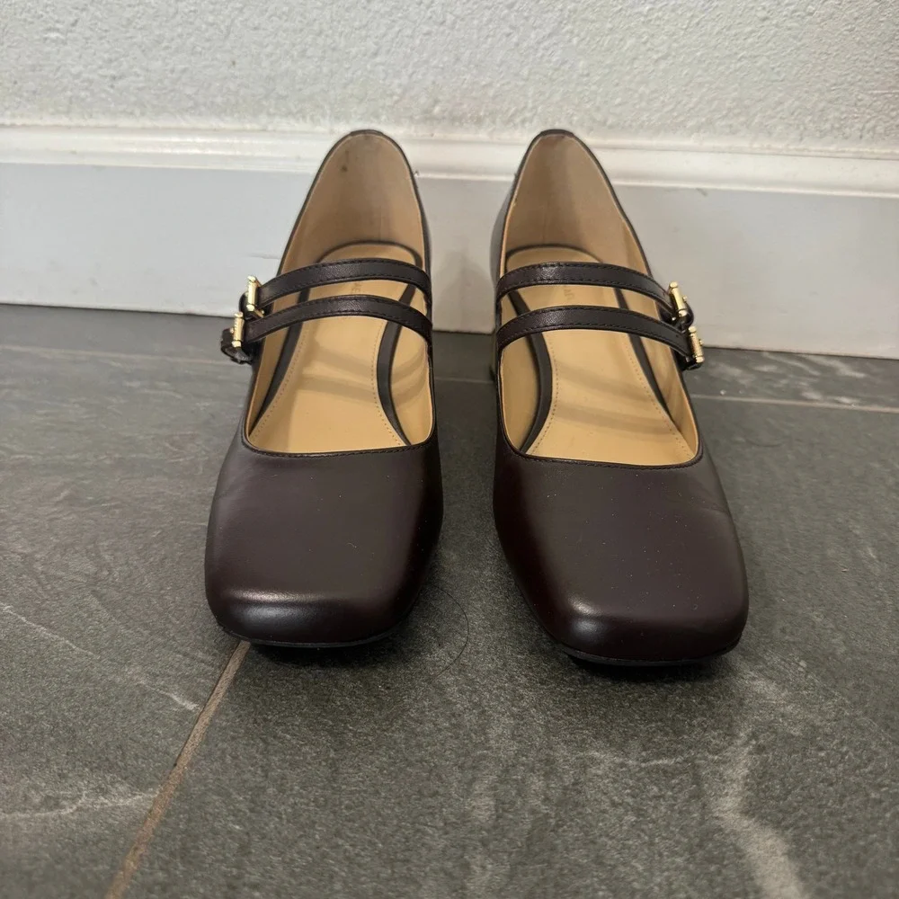 Michael Kors Mary Jane Heels 6M Brown Leather Double Strap Preppy Dark Academia